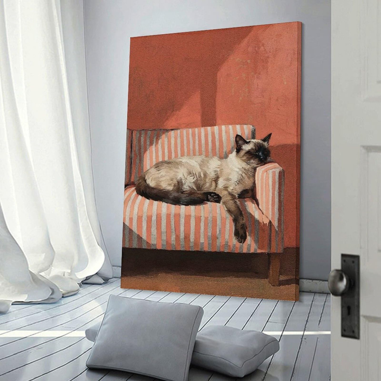 Junmoney Wall Art Print Sleeping Siamese Cat on Striped Couch, 20x30inch(50x75cm), for Home Lounge, Bedroom Or Reading Nook, Modern Wall Decor for Cosy Interiors