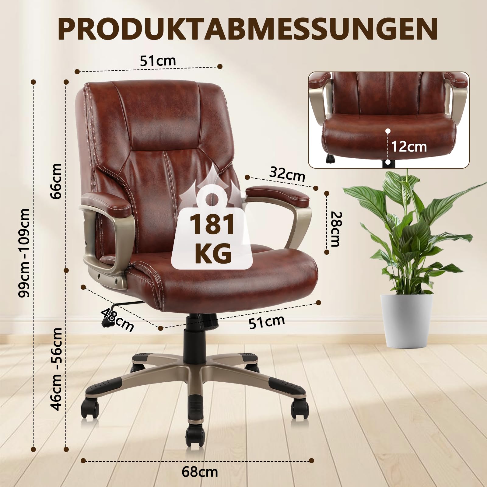 CLATINA Chefsessel Hohe Rückenlehne PU Leder Bürostuhl mit Rollen Armlehnen Ergonomische Lendenstütze Höhenverstellbar 360° Drehbarer Schreibtischstuhl für Konferenzraum Homeoffice Braun