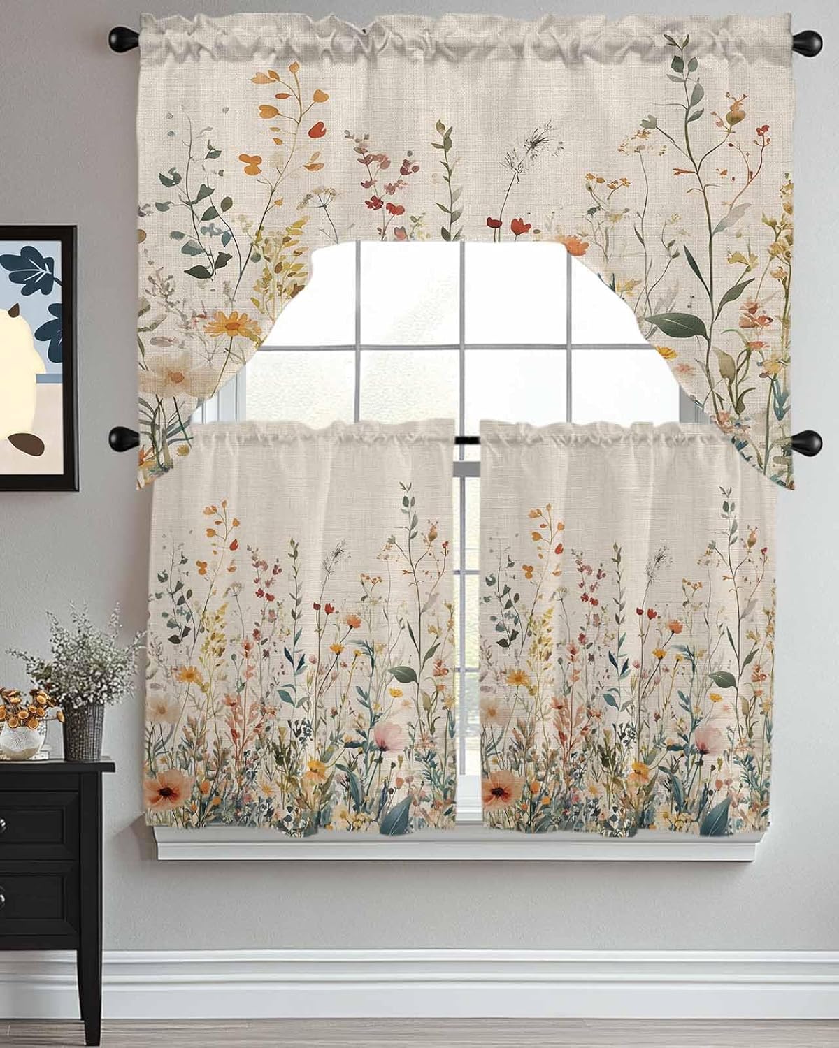 Vintage Botanical Kitchen Curtains Sets for Windows 3 Piece, Spring Floral Summer Botanical Rustic Kitchen Curtains and Valances Tier Set 24 Inch Length Swag Curtain for Living Room Cafe Bathroom