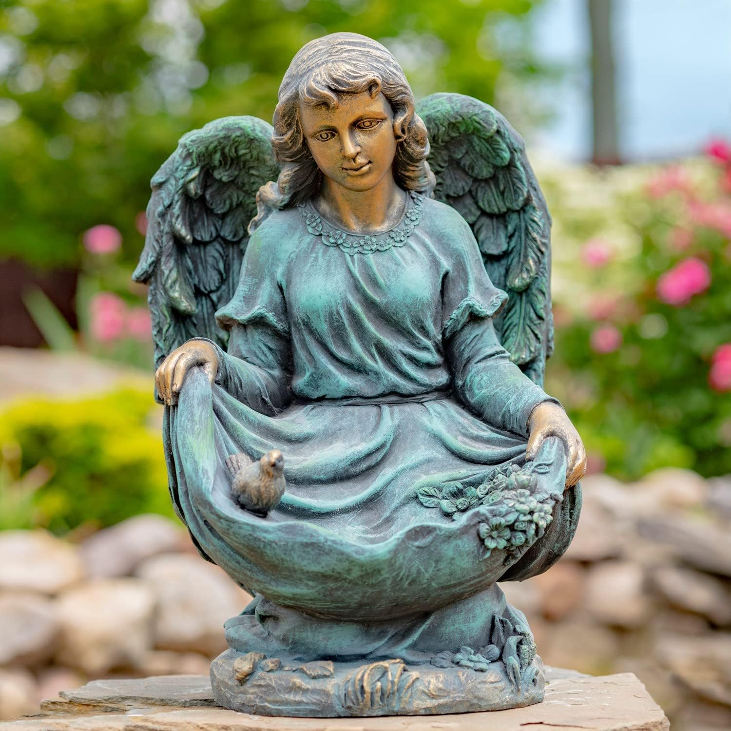 Zaer Ltd. Large Magnesium Angel Statues (Outdoor Safe) (24”T Kneeling with a Dress Birdbath(Bronze Finish))