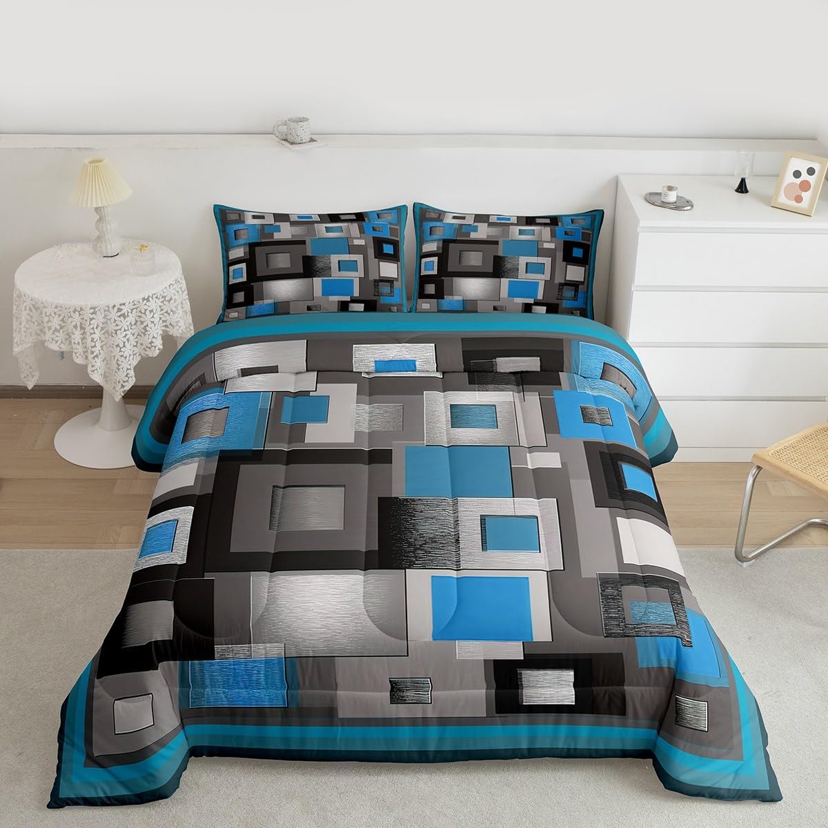 Castle Fairy Blue Comforter Set,Modern Squares Design Bedding Set for Kids Girls Women,Adults Geometric Grid Comforter,Abstract Quilted Duvet Set Bedroom Collection Twin Size 2Pcs