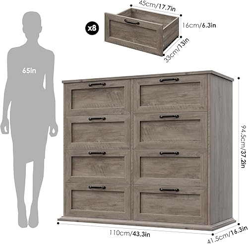 Vista 2 de Cómoda rústica de 43.3 pulgadas de ancho con 8 cajones para dormitorio, cómoda de madera moderna gris con cajones grandes y asas de bar, madera