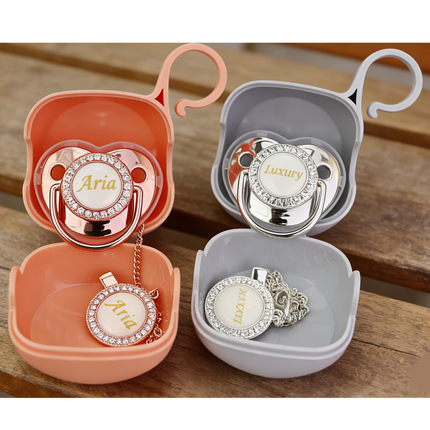 Personalized Pacifier with Name, Bling Gold Pacifier Clip Set Storage Box, Customized Halloween and Christmas Glitter Crystal Luxurious Soother Ideal Gift for Baby Shower Photography Newborn (Pink)