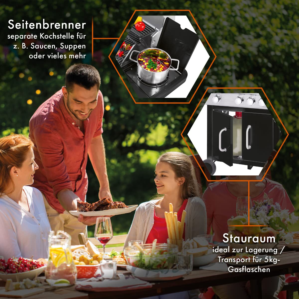 ProfiCook PC-GG 1219 - Barbacoa de gas, 3 quemadores de acero inoxidable + fogones adicionales (3 + 1), superficie de parrilla de 66 x 38 cm, 4 ruedas (2 de ellas con bloqueo), color negro