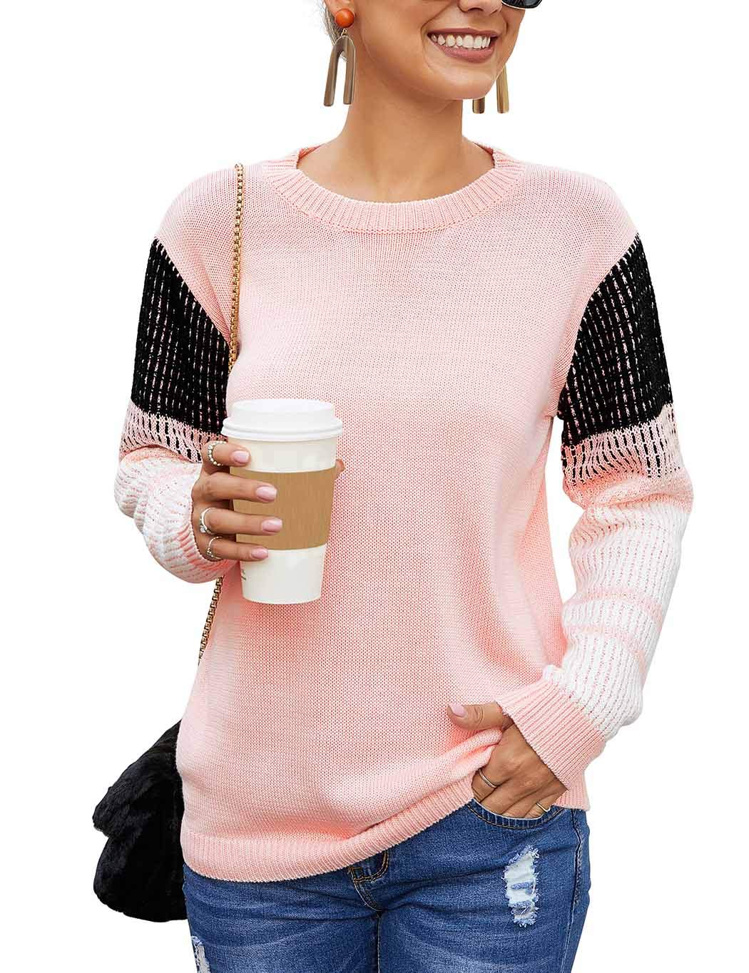 Womens Cute Contrast Sleeve Knitted Pullover Sweater