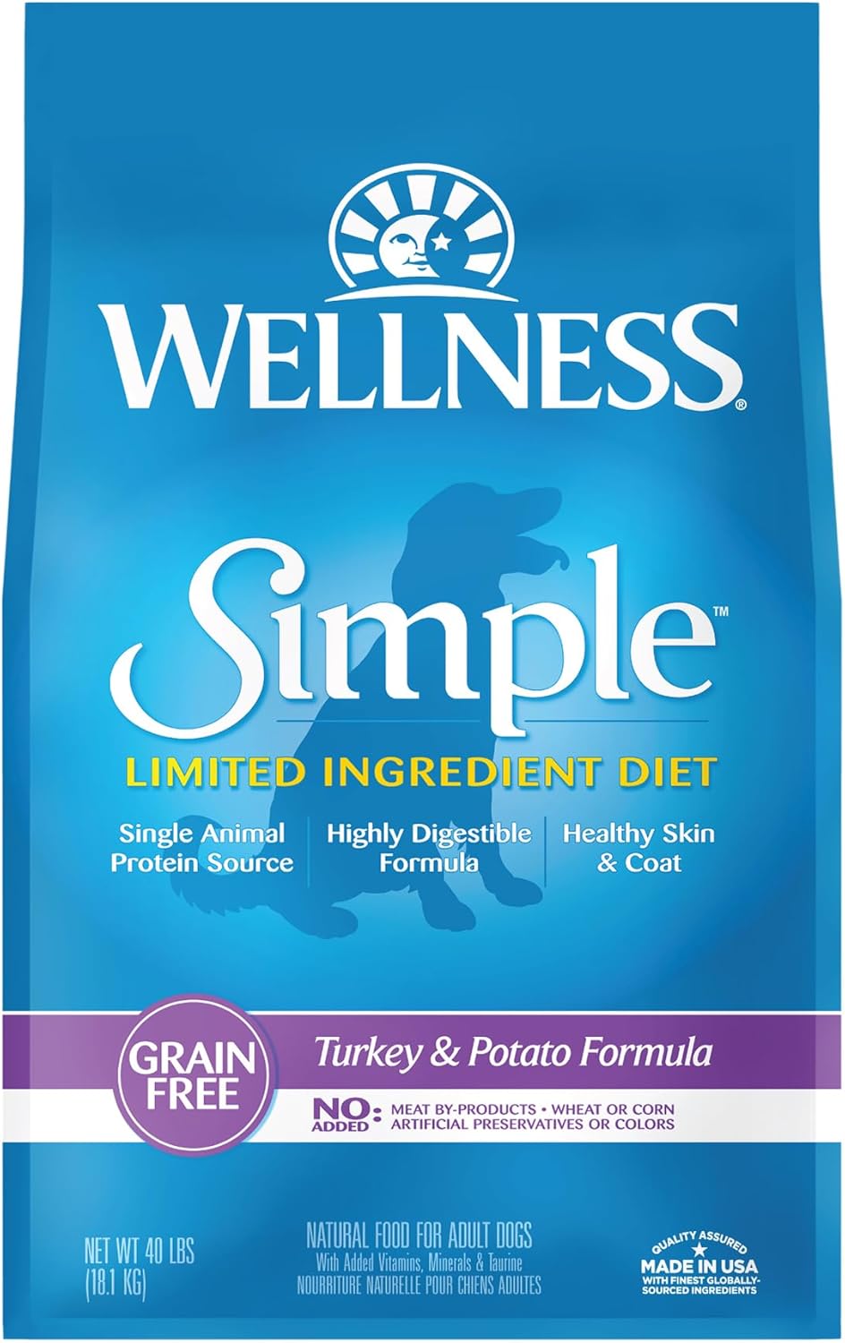 Wellness Simple Limited Ingredient Dry Dog Food for Sensitive Stomachs, Supports Skin & Coat, Grain Free, Natural, Turkey & Potatoe Recipe, (40-Pound Bag)
