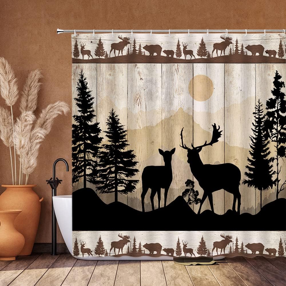Misty Forest Deer Shower Curtain Wooden Board Wild Animals Elk Rustic Nature Foggy Hunting Cabin Mystical Safari Park Jungle Tree Plants Silhouette Bathroom Decoration 75WX70H in with Hook