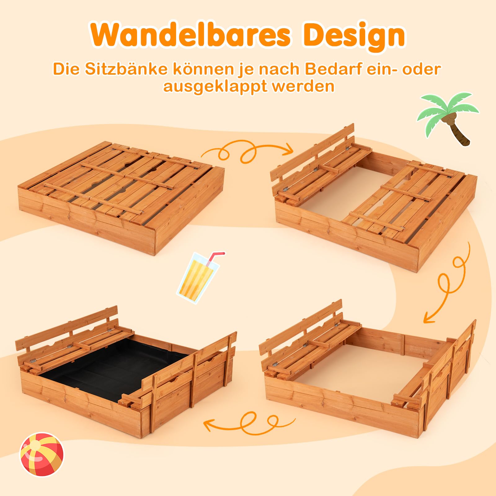 COSTWAY Sandkasten mit Sitzbänken, 120x120 cm Sandkiste Holz, Sandbox mit Deckel & Bodenvlies, Kinder Sandkasten Outdoor, für Garten, Balkon, Terrasse