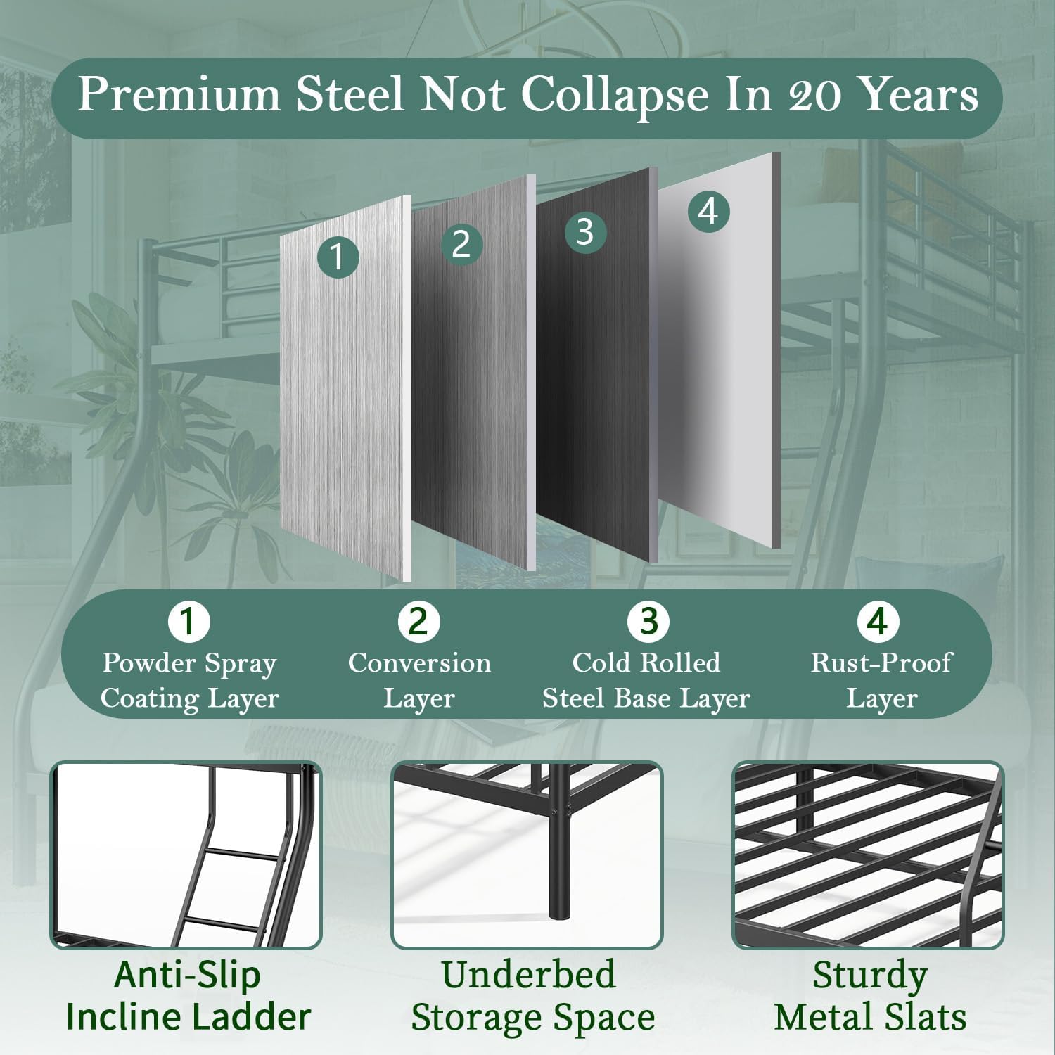 Bunk Beds Twin Over Full Size, Heavy Duty Bunk Beds with Bottom Space & Guardrail Metal Bunk Bed Frame for Adults Dorm Bedroom Guest Room, No Box Spring Needed（Upgrate Black）