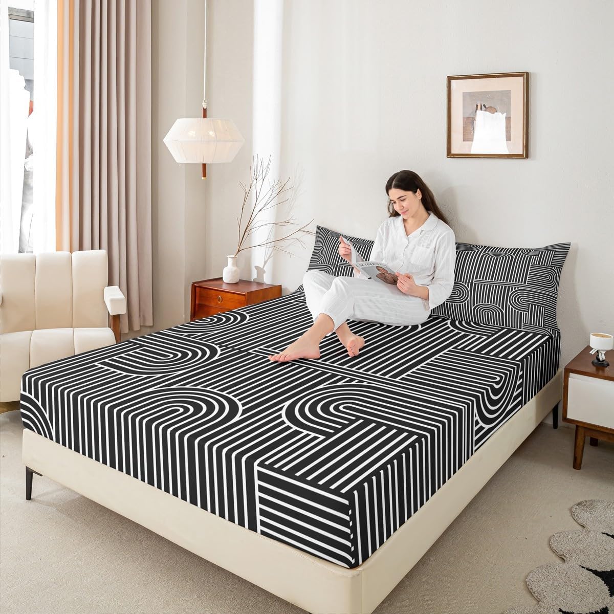 Minimalist Lines Fitted Sheet Single Size,Abstract Simple Stripes Bedding Set,Modern Aesthetics Bed Sheets 2 Pieces (No Flat Sheet),Classic Black and White Deep Pocket Sheet,1 Pillowcase