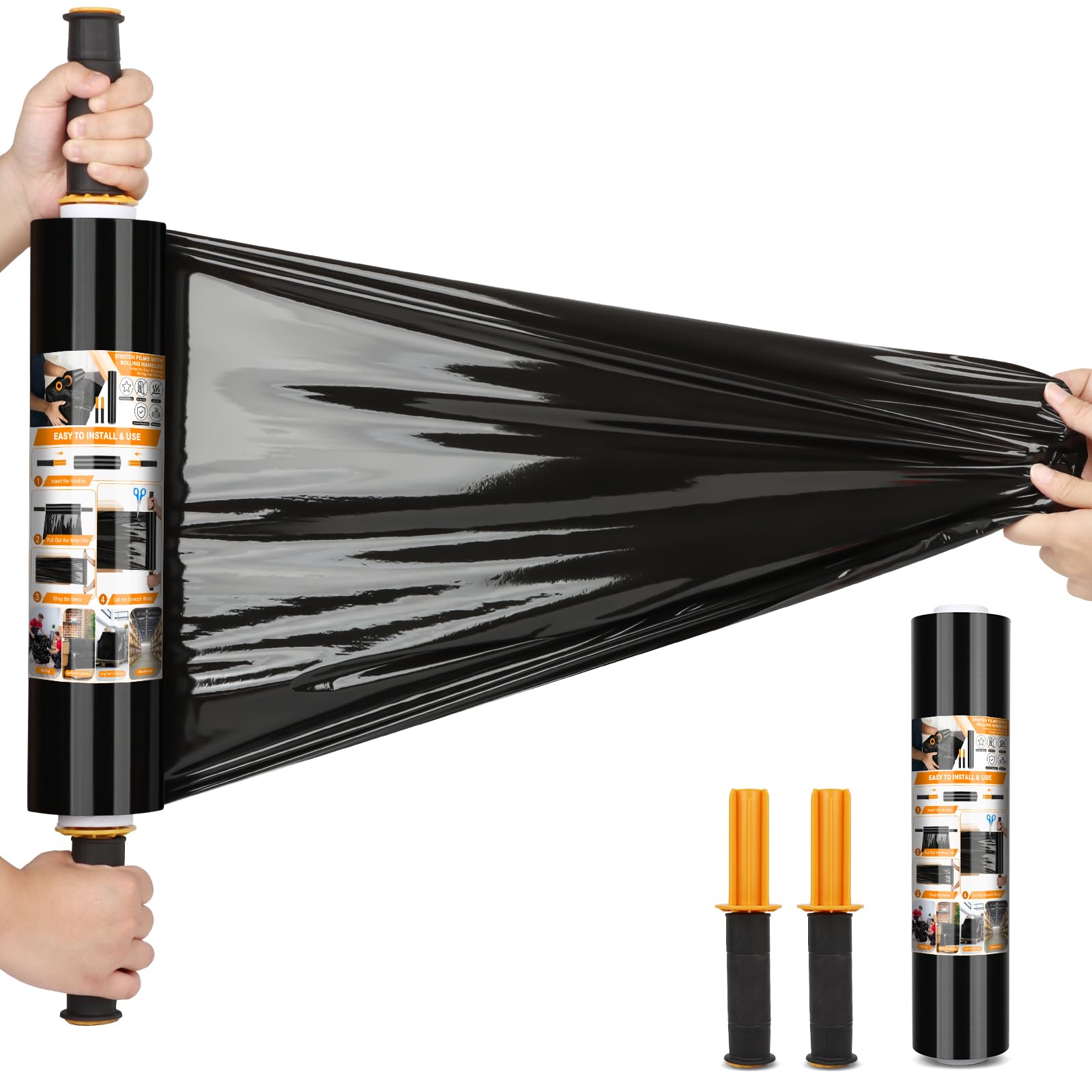 Origuuds Stretch Film, 80 Gauge Stretch Wrap with Handles, Industrial Strength Plastic Wrap for Moving, Pallet Wrap, Luggage, Furniture Wrapping, Packing (Black/38 cm x 300m, 1 Roll)