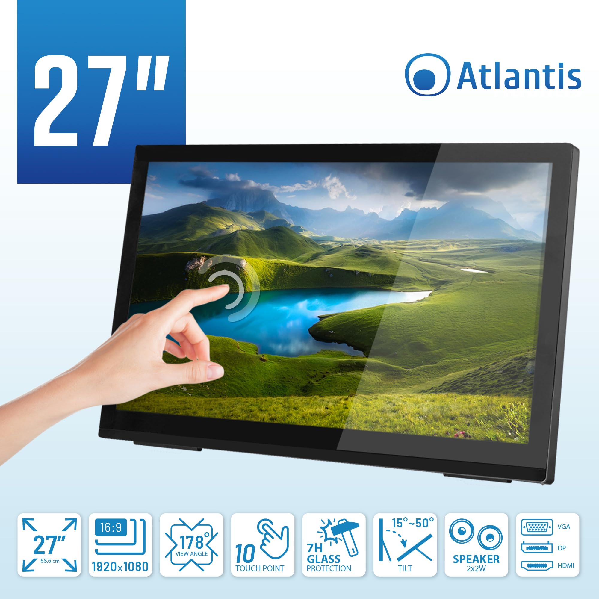 Atlantis Monitor Touch 27 pollici Full HD a 10 tocchi, vetro 7H | 1920x1080 HDMI/VGA/DP, inclinazione 15°-50°, contrasto 1000:1, angolo 178°, VESA 100, cod. A05-T27A-VHDM