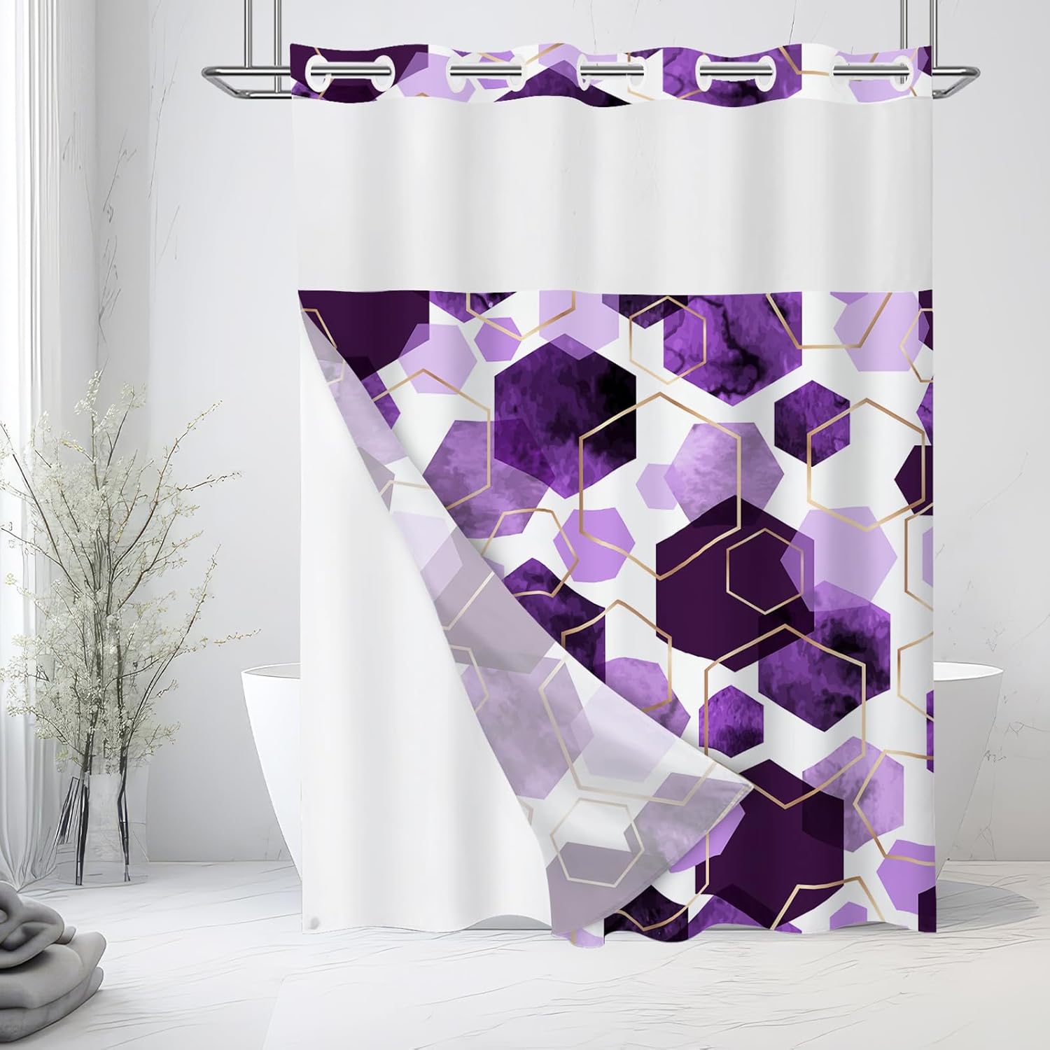 Litabel No Hook Long Grey Geometric Shower Curtain with Snap-in Fabric Liner Set - 72" x 80"(78"), Hotel Style with See Through Top Window, Waterproof Shower Curtain Set