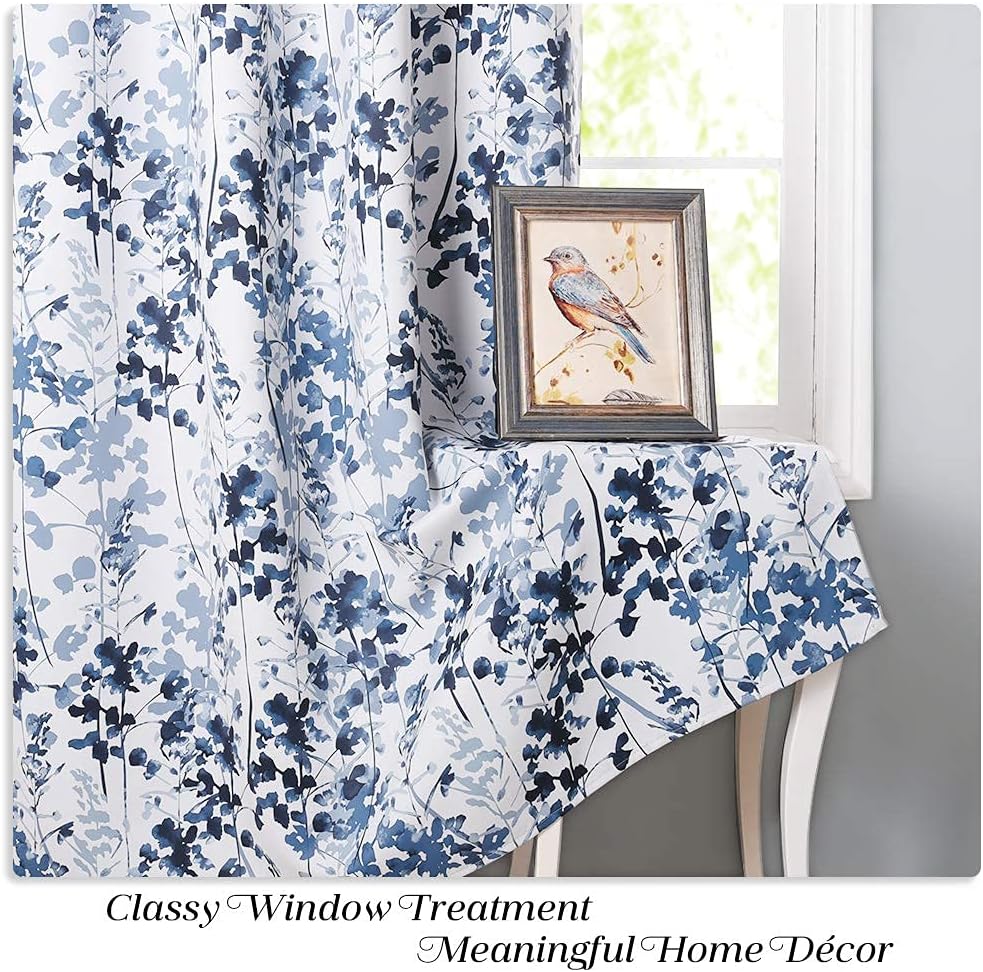 KGORGE Blackout Curtains & Drapes Boho Home/Office Artistic Decor with Vivid Watercolor Floral Painting Thermal Insulated Energy Efficient Shades for Bedroom Living Room (Blue, W 52" x L 84", 1 Pair)