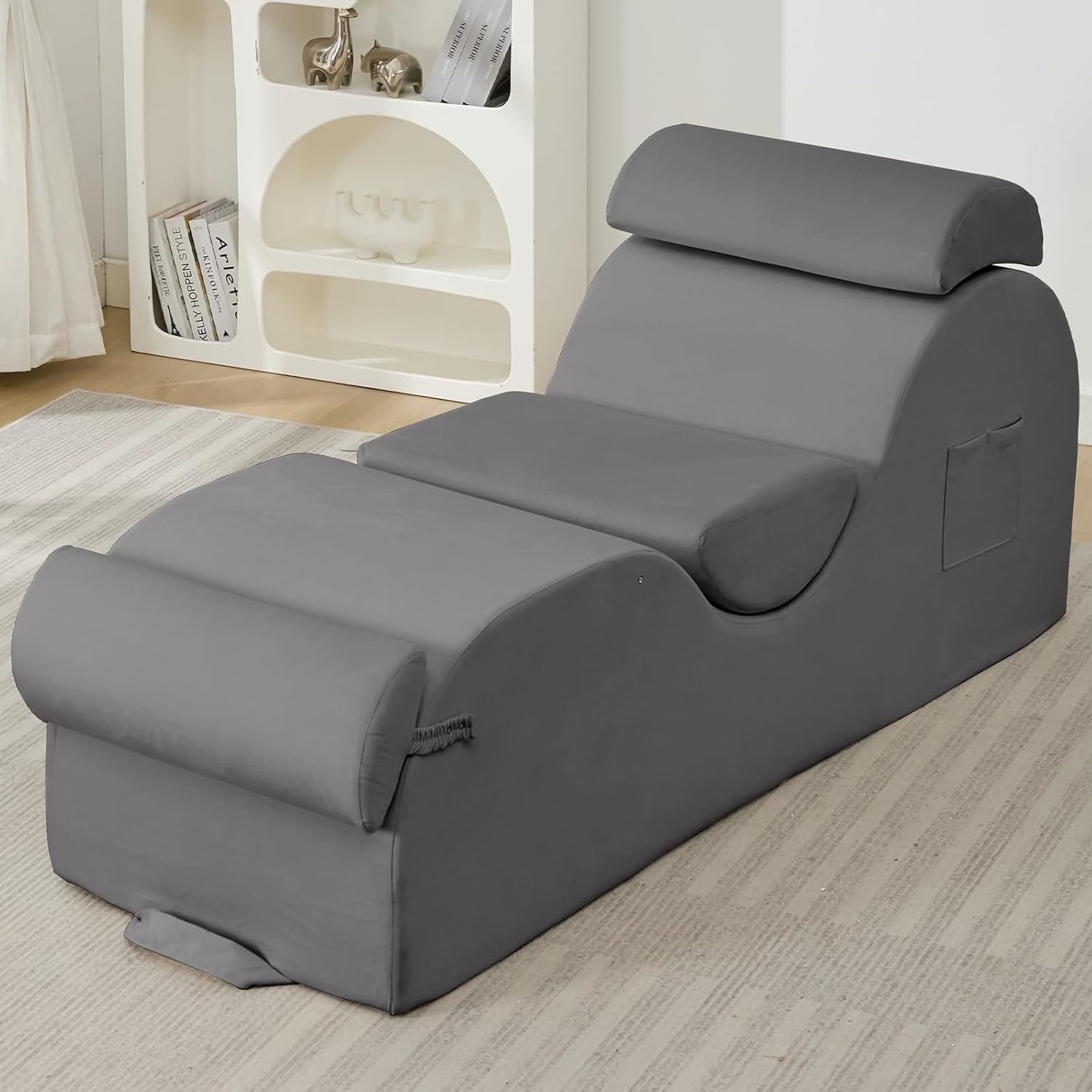 ijuicy 25" Wide Chaise Lounge Chair, Modern S-Shaped Floor Lounger with Adjustable Headrest & Lumbar Support, Movable Footrest, Side Pockets, Non-Slip Bottom - High Density Sponge, Light Grey