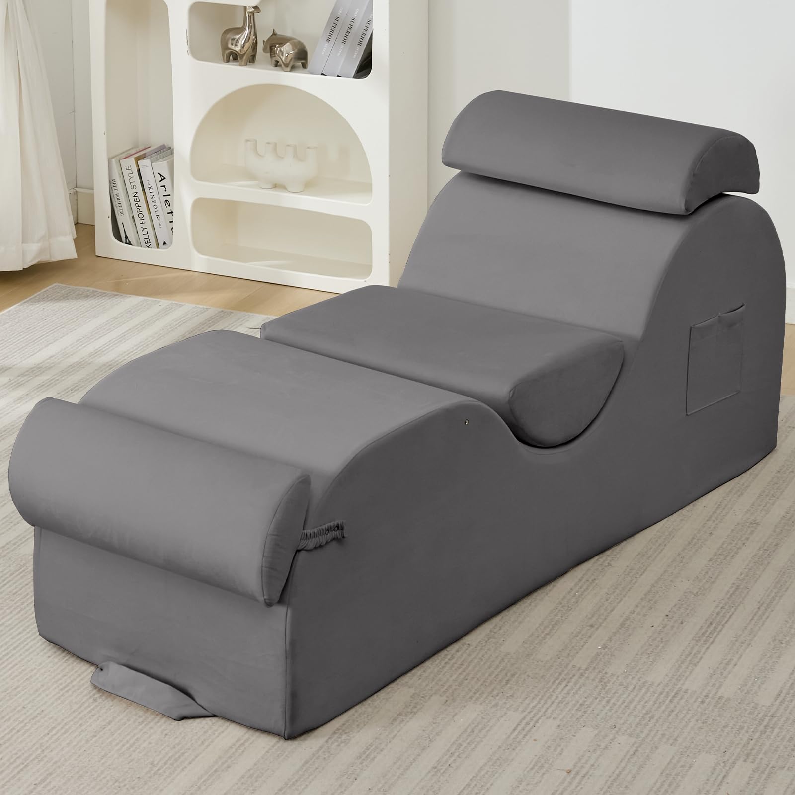 ijuicy Chaise Lounge Chair for Exercise, Indoor Lounger with Headrest, Waist Cushion, Movable Footrest, Side Pockets, Non-Slip Bottom - Yoga Chair