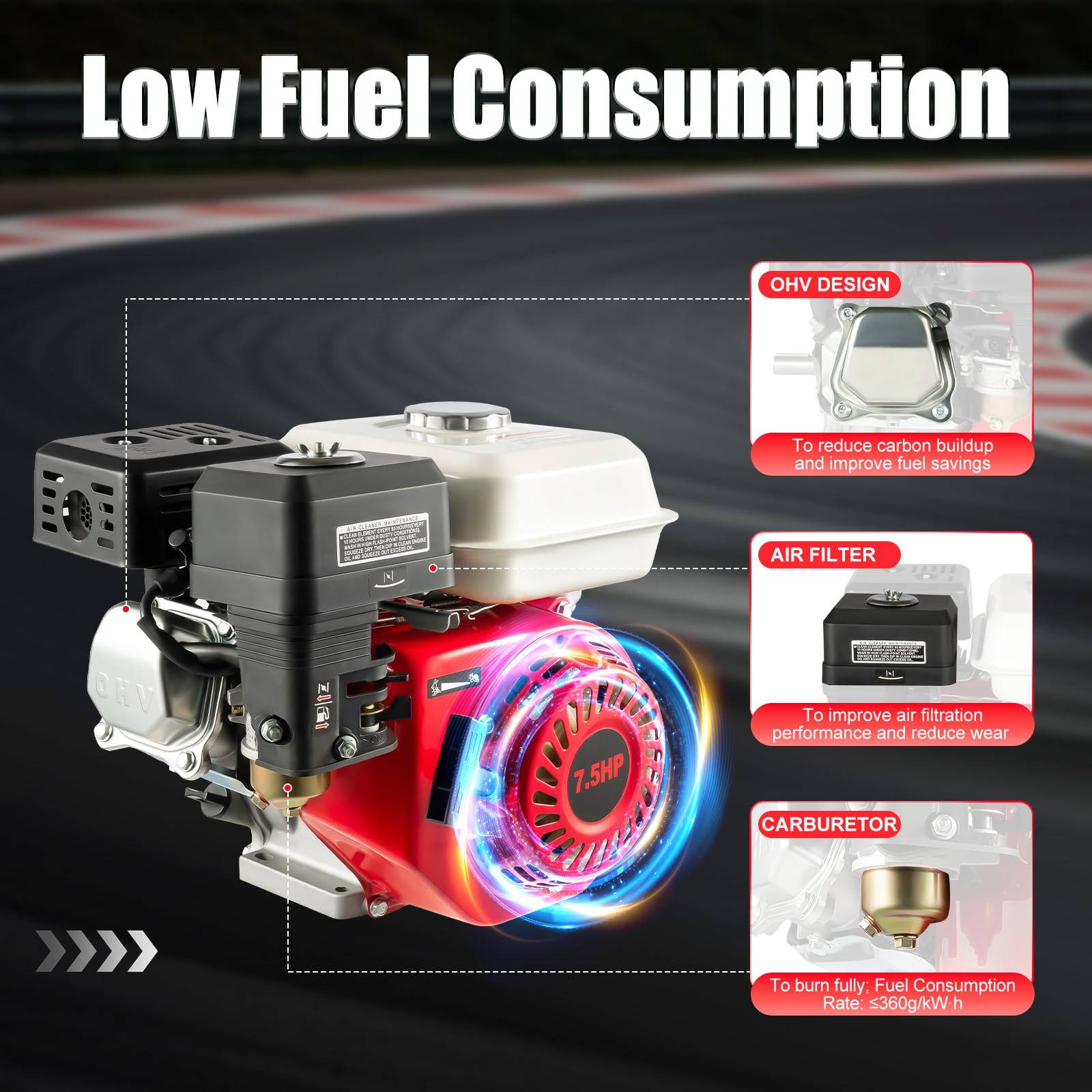 Motor de gasolina de 7,5 CV de 4 tiempos, monocilindro, motor estacionario, motor de karting OHV, motor de gasolina Go-Kart, motor de 5,1 kW