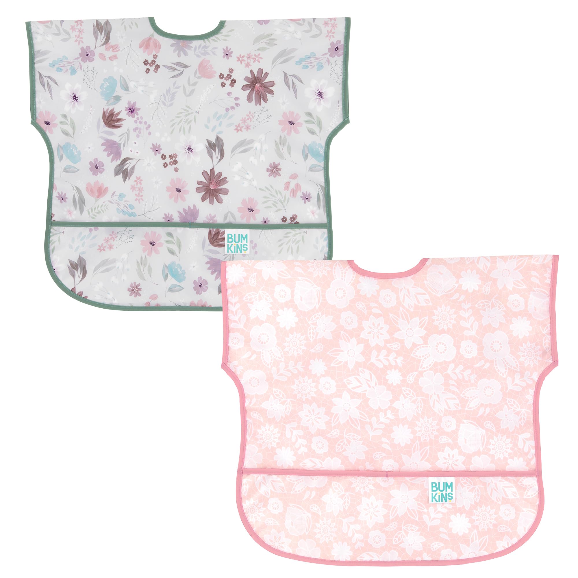 Bumkins Short Sleeve Bib for Girl or Boy, Toddler and Kids for 1-3 Years, Large Size, Essential Must Have for Junior Children, Eating, Mess Saving Soft Fabric Apron for Play, 2-pk Floral and Lace