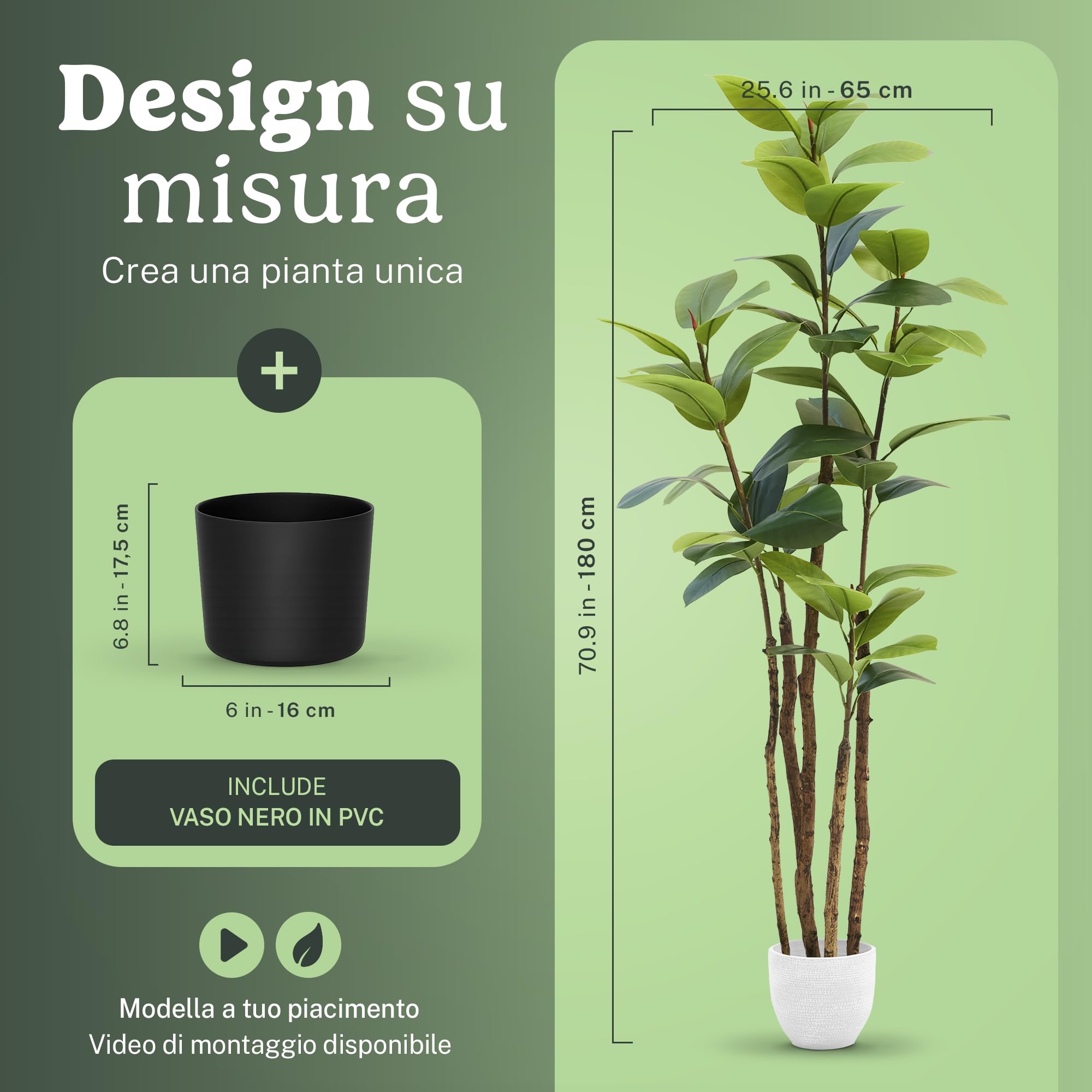 Maia Shop Ficus Elastica 180 cm - Pianta Artificiale da Interno | Pianta Artificiale Alta con Foglie Realistiche per Casa Soggiorno Ingresso Ufficio - Vaso Nero Incluso