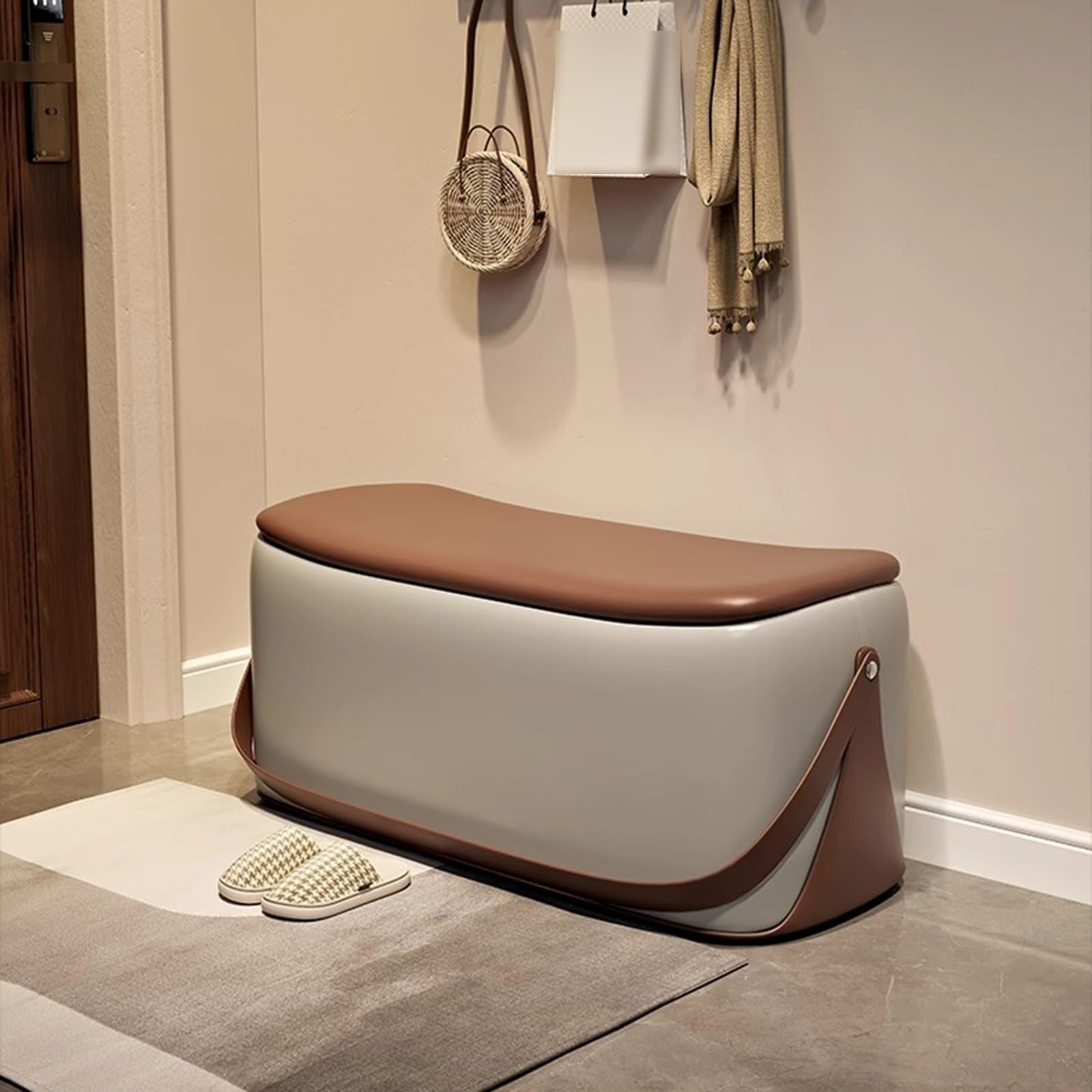 Banc de rangement kaki 80x38x38 cm avec coffre caché et coussin confortable
