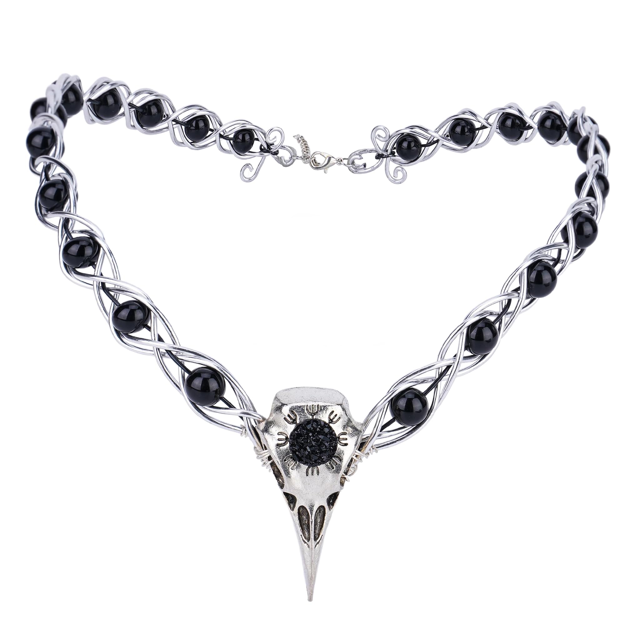 PartyforU Sliver Viking Elf Crown for Renaissance Women Cosplay, Raven Witch Headpiece with Black Bead for Halloween