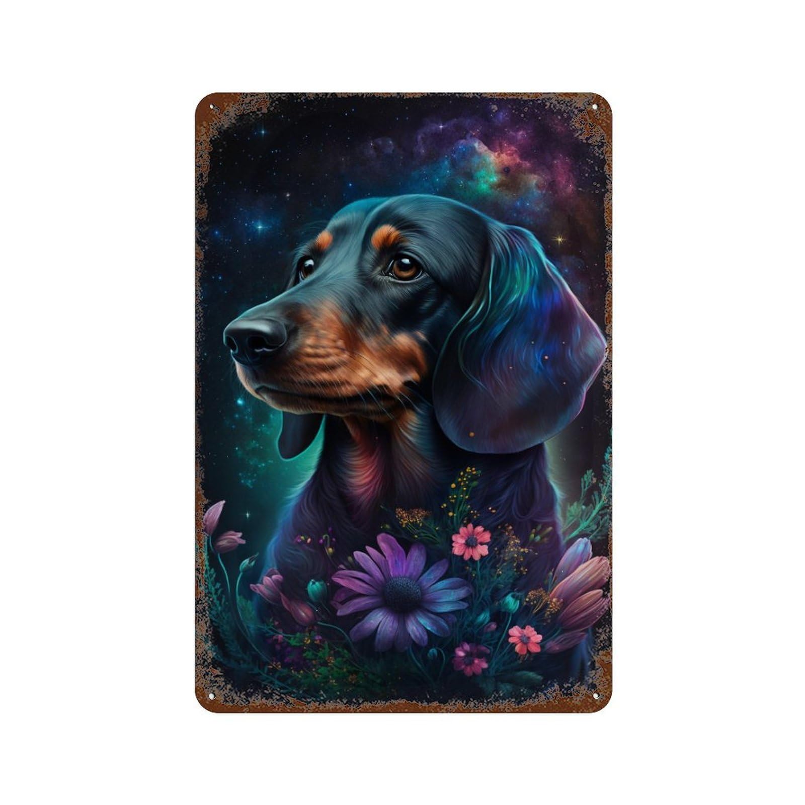 Vintage Rust Metal Sign Cosmic Dachshund with Flowers 11.8"x7.9", Old School Wall Decor for Garage, Bar And Workshop Decor