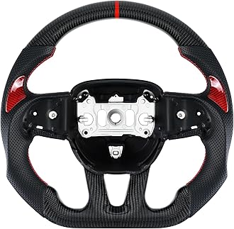 LOSCHEN 3K Real Carbon Fiber Steering Wheel Nappa Perforated Leather, D-shaped Flat-bottom Steering Wheel for Dodge/Jeep Grand Cherokee/SXT/GT/RT/SRT/HELLCAT（with Red Patches）