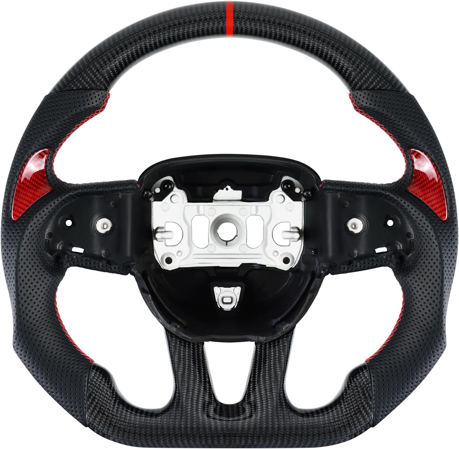LOSCHEN 3K Real Carbon Fiber Steering Wheel Nappa Perforated Leather, D-shaped Flat-bottom Steering Wheel for Dodge/Jeep Grand Cherokee/SXT/GT/RT/SRT/HELLCAT（with Red Patches）