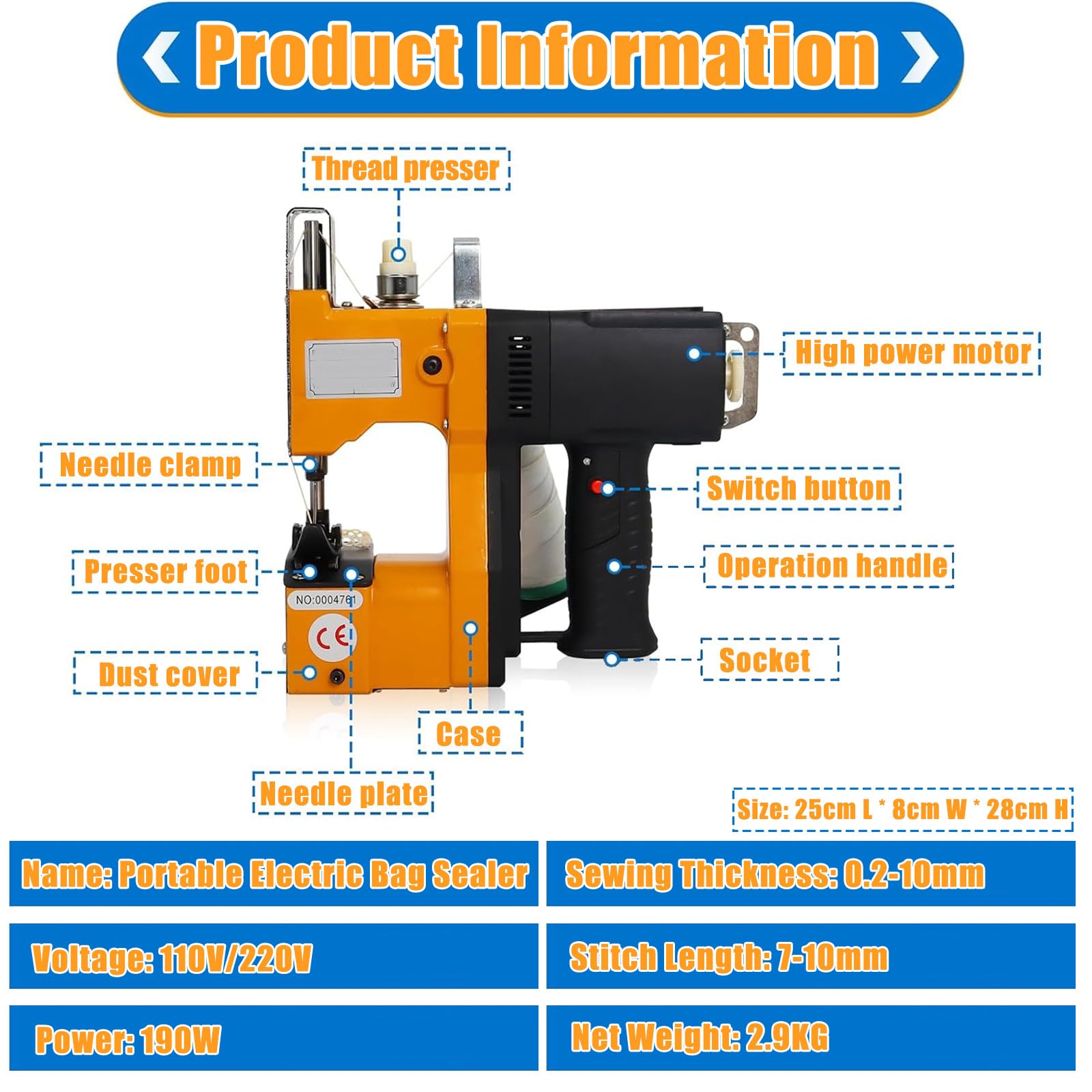 190W Máquina de Coser Sacos, Máquina de Coser Lonas,2 Segundos/Bolsa, Máquina de Cerrar Bolsas Sellador de Bolsas para Saco/Tejido/arroz/Papel/Bolsas de plástico,