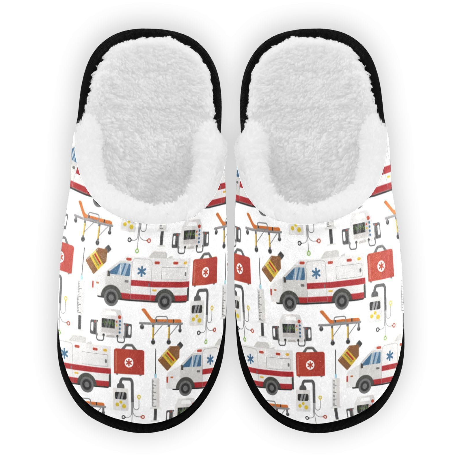 Glaphy Ambulance Cars Pattern House Slippers for Men, Memory Foam Non-Slip Indoor Slippers Bedroom Hotel Travel Spa Home Shoes, 9-12