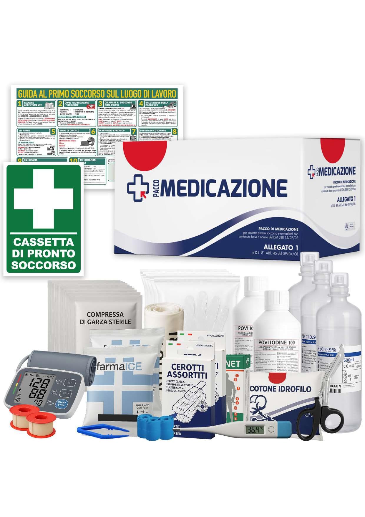 ONFARMA KIT REINTEGRO DIGIT POLSO pacchetto ricambio per cassetta medica di pronto soccorso con MISURATORE DI PRESSIONE DIGITALE DA POLSO e CARTELLO per aziende con 3 o più lavoratori