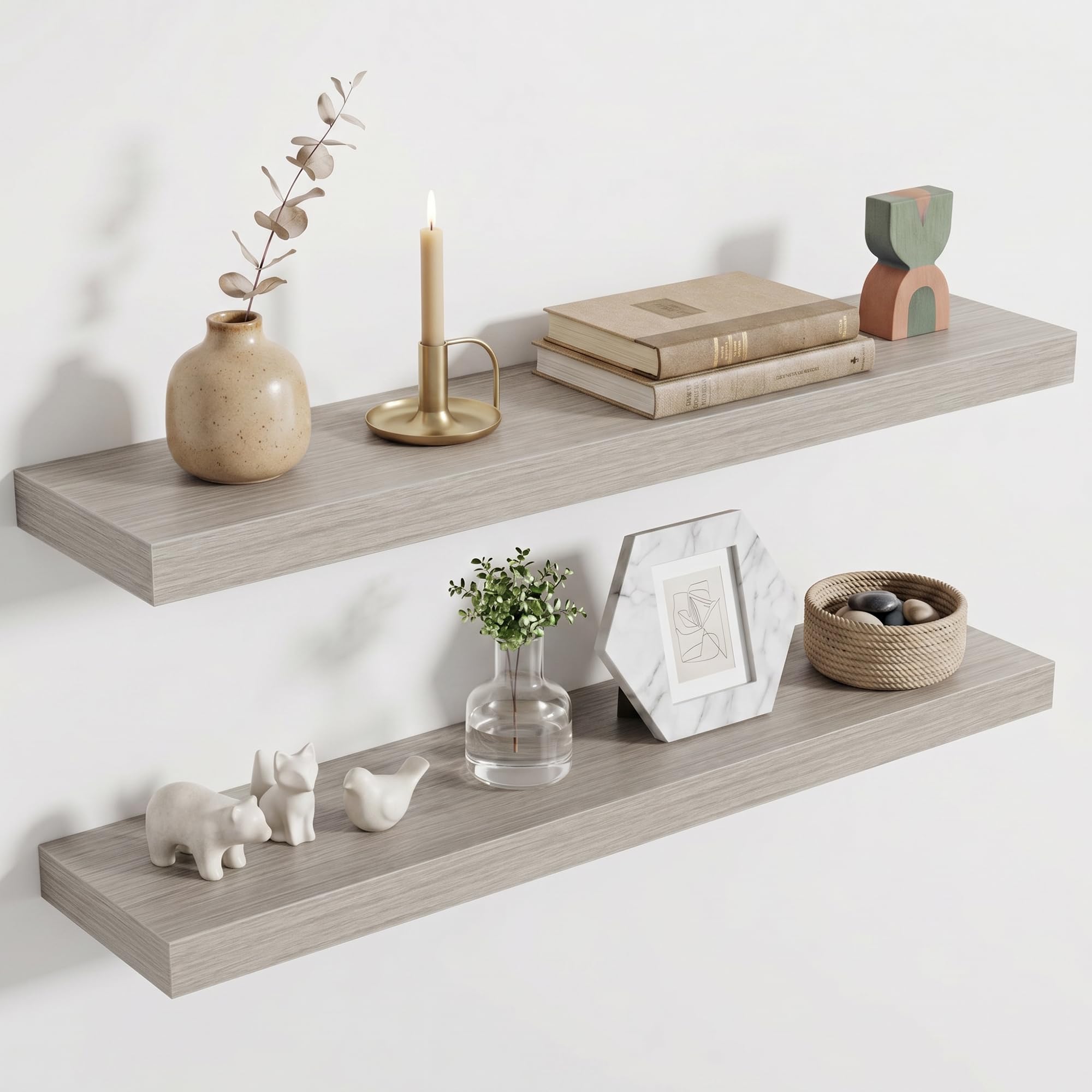Acovy Floating Shelves for Wall, Extra Thick 80cm Long Wooden Wall Mounted Shelf, Wall Shelves for Living Room Bathroom Bedroom Kitchen, Grey, Set of 2