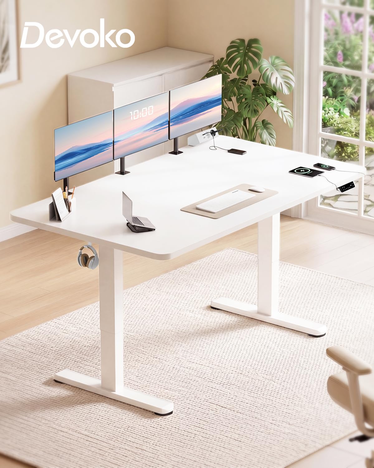 Devoko Höhenverstellbarer Schreibtisch 200x80cm, Dualmotor Elektrischer Stehschreibtisch mit 25mm Einteiliger Tischplatte, Touchscreen Steuerung, Computertisch mit Kabelmanagement & Steckdose