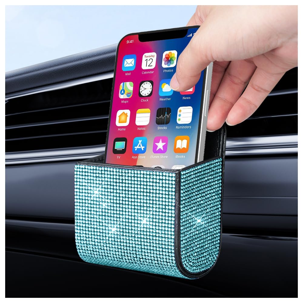 Car Vent Storage Organizer,Bling Car Accessories for Women or Man,Rhinestone Car Vent Leather Pocket,Multipurpose Car Storage/Car Sunglass Holder/Car Coin Holder for Car (Blue)