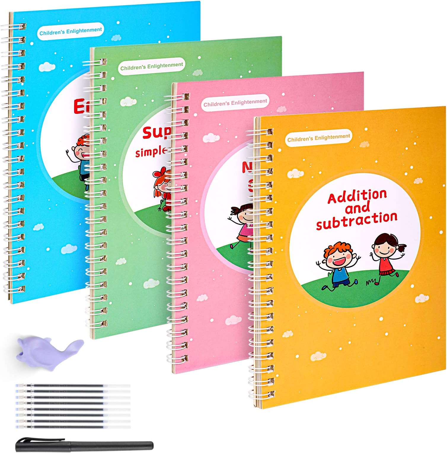 Tikplus 4 Pack Magic Copy Books for Kids, Reusable Grooved English Handwriting Tracing Exercise Book, Children Calligraphy Set with Pens for Beginners to Learn Drawing|Math|Numbers|Alphabet