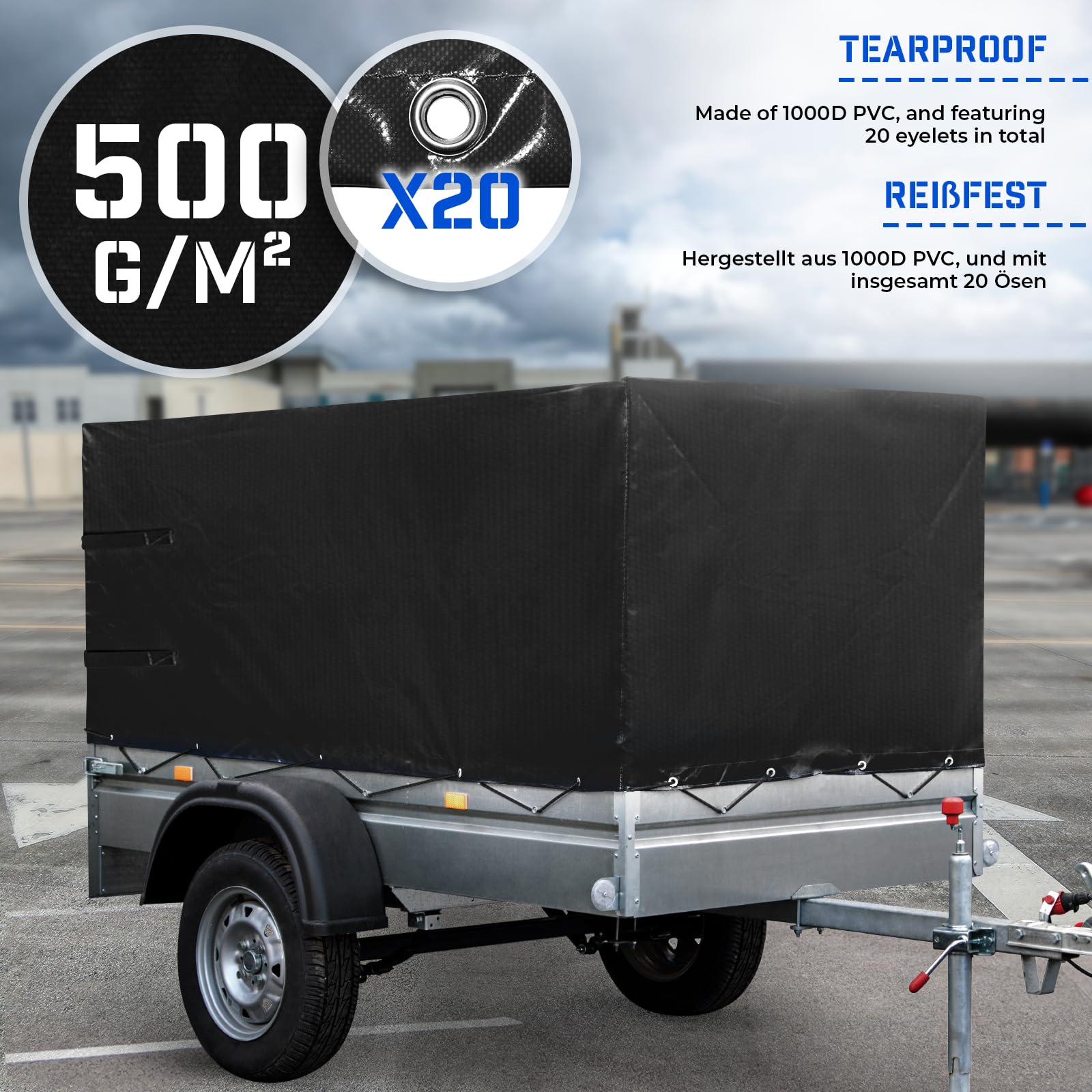 Jago® Hochplane - 2075 x 1150 x 900 mm, Gummigurt, Ösen und Schnallriemen, wasserdicht, Blau/Schwarz - Anhängerplane, Abdeckung, Abdeckplane, Gewebeplane, Plane für Stema PKW Anhänger (Schwarz)