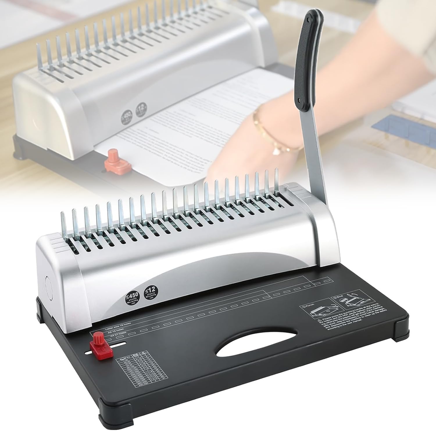 WHOOLEFUN Comb Binding Machine, 21-Holes Paper Punch Binder, File Book Binding Machine with Waste Drawer, Max Capacity 450 Sheets, for Letter Size, A4, A5 or Smaller Sizes