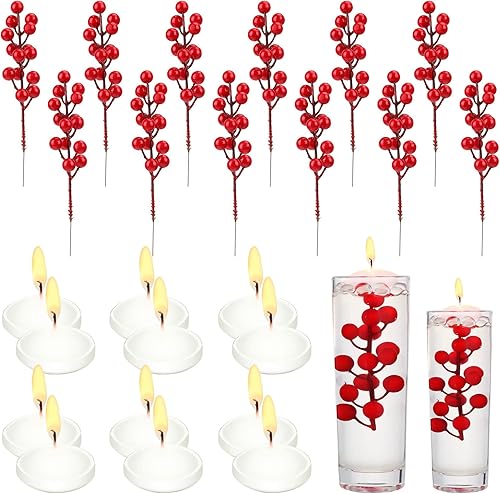 Demissle 24 velas flotantes de Navidad de 1.5 pulgadas, tallos de bayas rojas, juego de acebo, velas flotantes sin goteo para centros de mesa, púas
