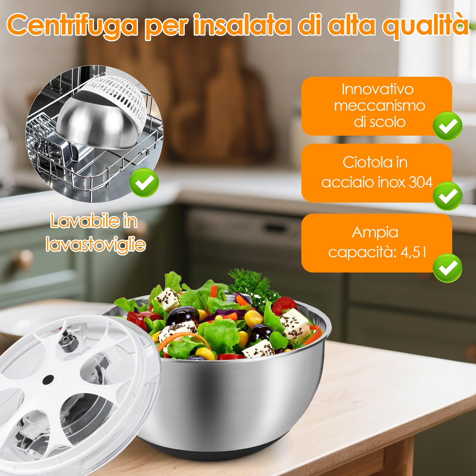 Centrifuga Insalata in Acciaio Inox, 4,5L Asciuga Insalata Centrifuga con Coperchio E Base Antiscivolo, Lava Insalata Centrifuga Ideale per Lavare E Asciugare Verdure E Pasta