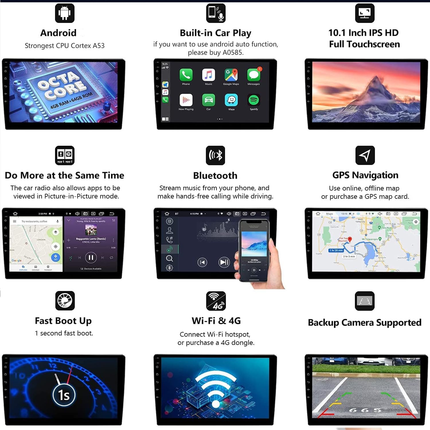 Double Din Car Stereo Audio Receiver Compatible with Apple Carplay, Android Auto, 10 Inch Full Touchscreen Car Stereo, Backup Camera, Bluetooth, USB/TF/AUX Port, A/V Input, FM