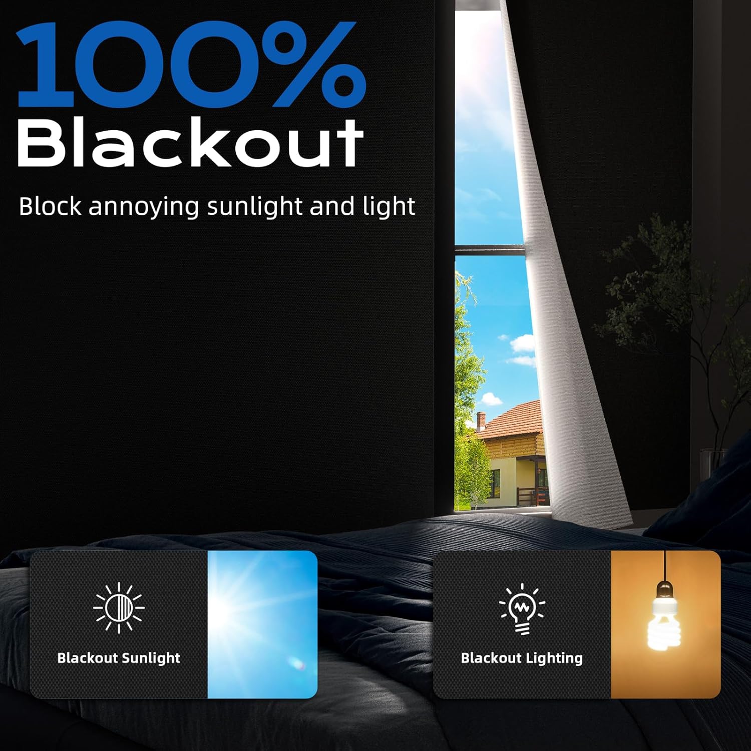 Blackout Curtains for Bedroom, 100" x 58" Portable Black Out Blinds with 20 Sets Hook & Loop Strips for 100% Blackout Window Film, Temporary Black-out Shades for Windows Cover Nursery Travel RV-Blacks