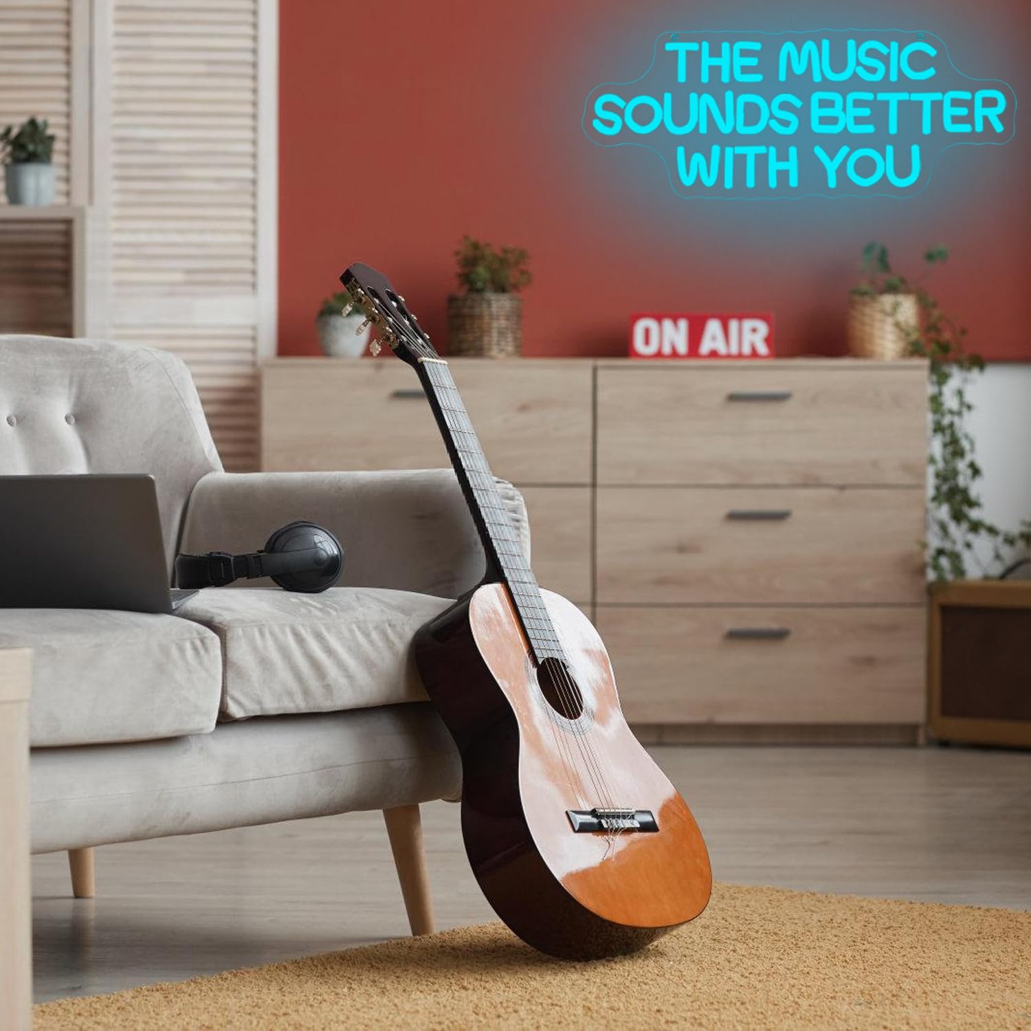 "The Music Sounds Better With You" Insegna al neon musicale per decorazione da parete Lettera LED Neon Sign Blue Led Neon Light per camera da letto Studio Record Shop Decorazione