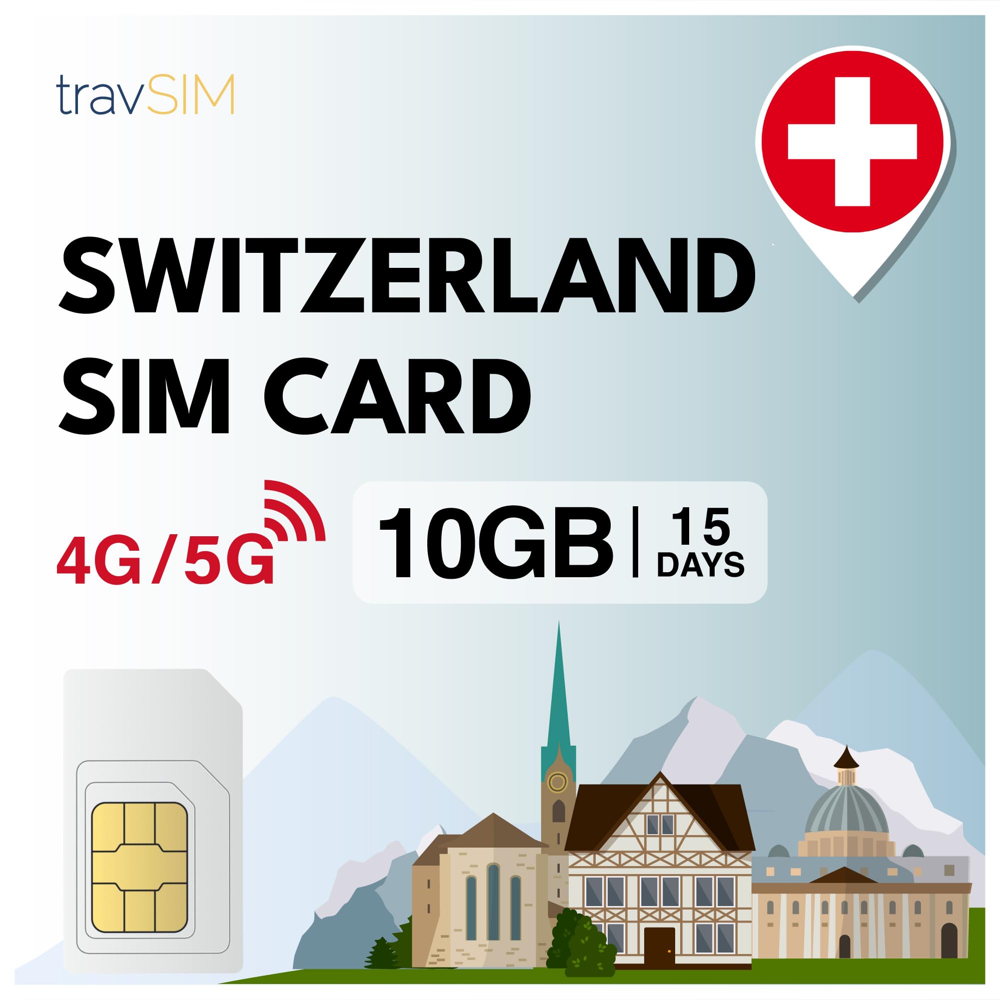 travSIM Suiza Tarjeta SIM | 10GB de Datos SIM - Plan de 15 días de duración | Tarjeta SIM Suiza Ofrece Acceso Ilimitado a Internet para Google, Facebook, Whatsapp, Instagram y más