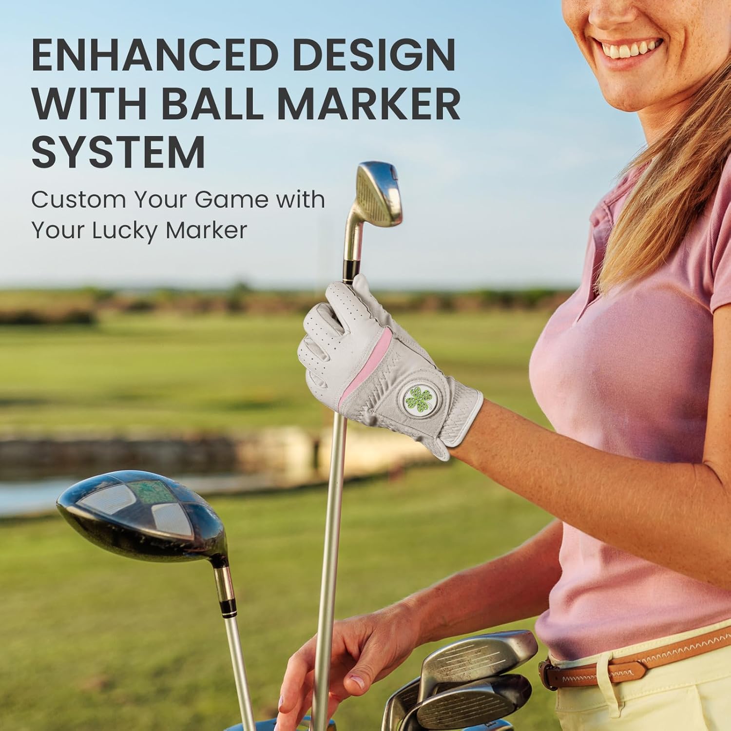 Womens Golf Glove with Clover Ball Marker 1 Pack, All Weather Grip Microfiber & Leather Gloves for Ladies, Comfortable Breathable Fit for Left Hand or Right Hand in White Pink - Image 5