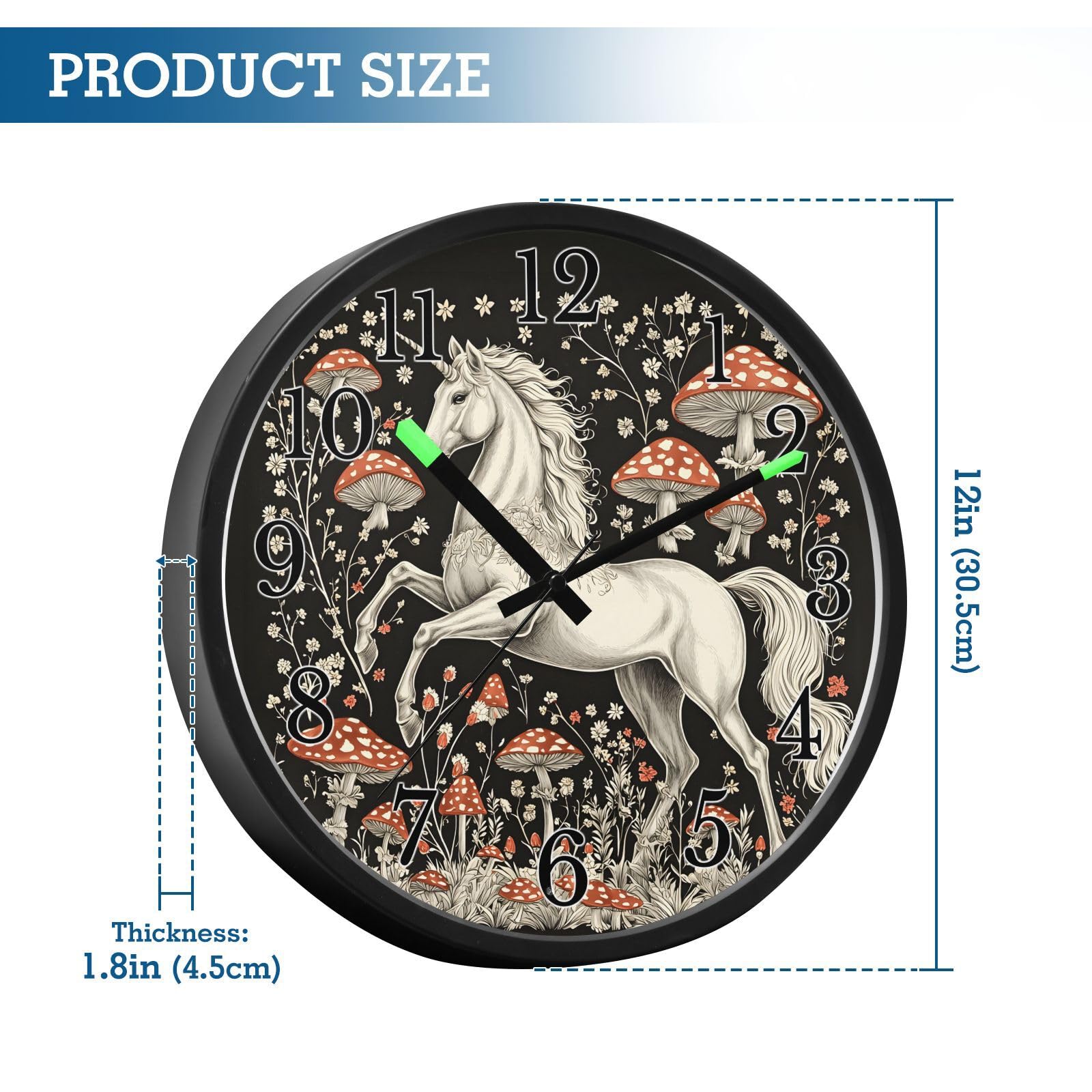 Mnsruu Reloj de pared con diseño de unicornio y hongos bohemios, funciona con pilas, silencioso, brilla en la oscuridad, para sala de estar, cocina, 30,5 cm