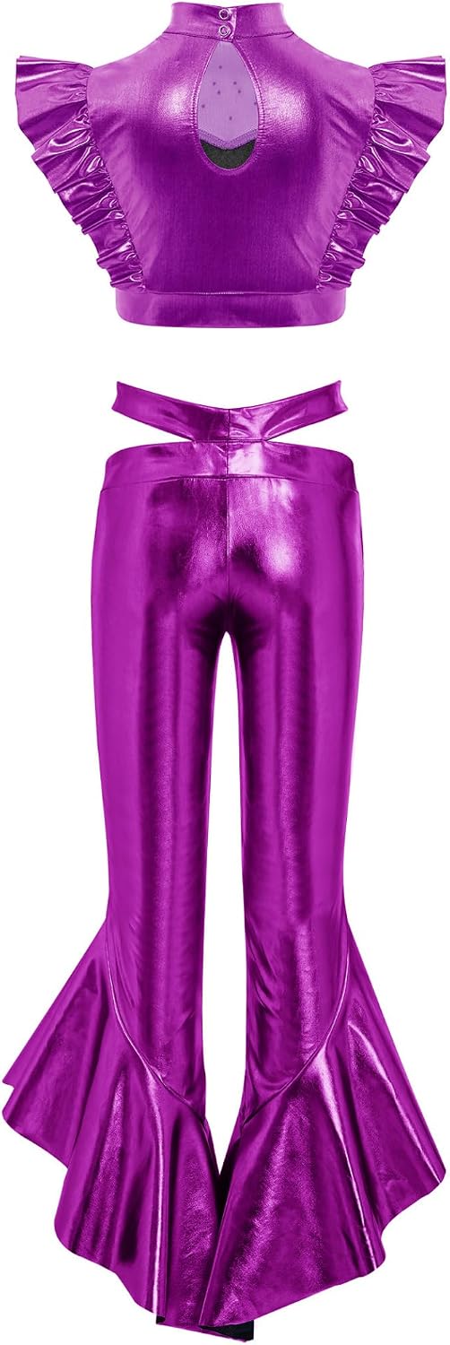 Kids Girls Disco Jazz Dance Outfit Metallic Crop Top with Bell Bottom Pants Hip Hop Street Dancewear Purple 14 Years