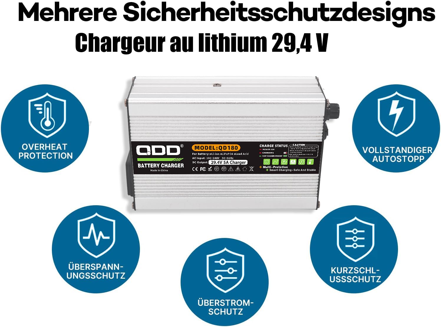 QDD Netzadapter 29,4 V 5 A für Elektrofahrrad Mobilitätsroller Lithium-Akku-Ladegerät 24 V 25,9 V XLR-Anschluss mit 3 Pins