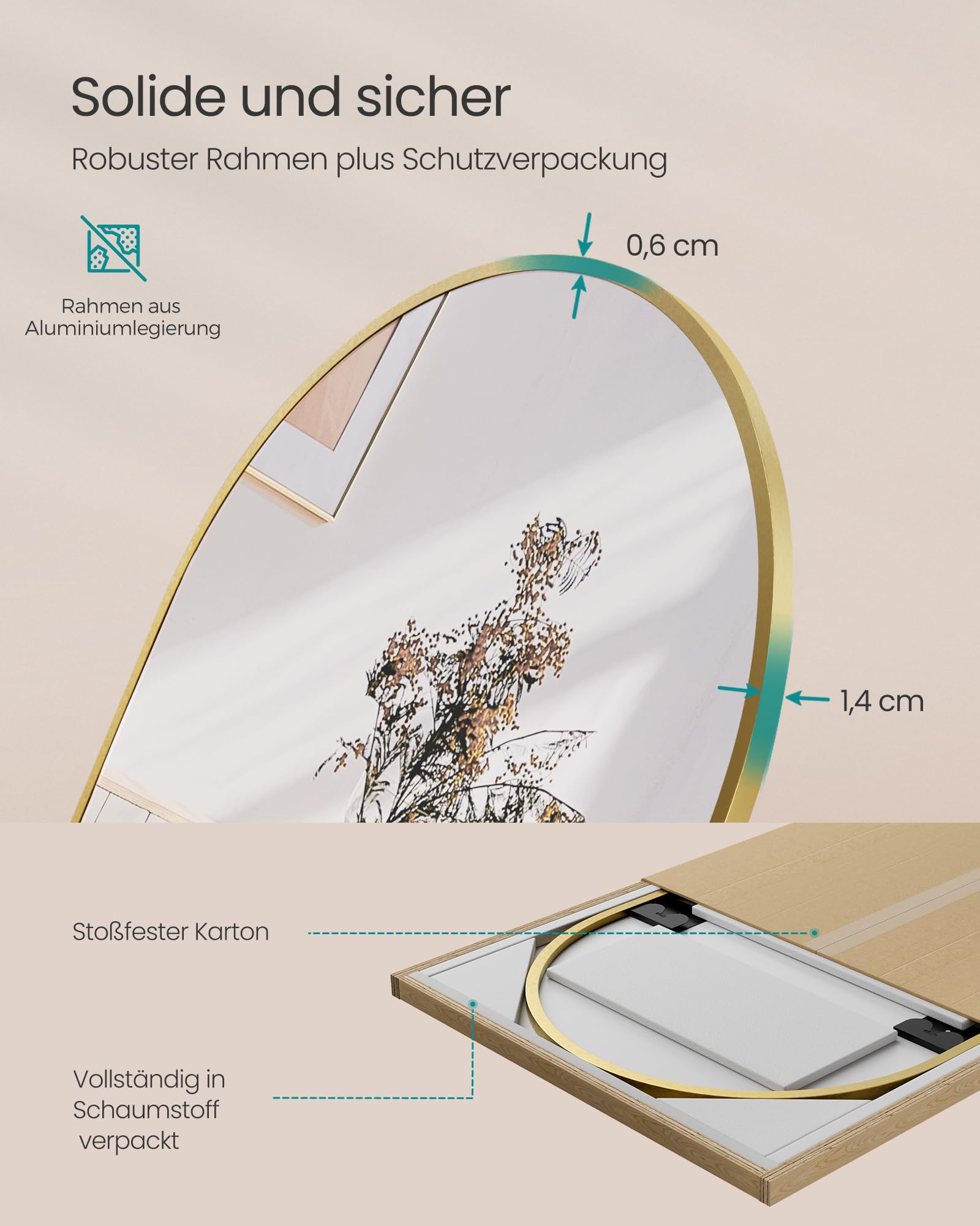 SONGMICS Ganzkörperspiegel, 160 x 50 cm, gewölbter Standspiegel, Rahmen aus Aluminiumlegierung, Hartglas, für Schlafzimmer, Wohnzimmer, Garderobe, blassgold LFM031A01