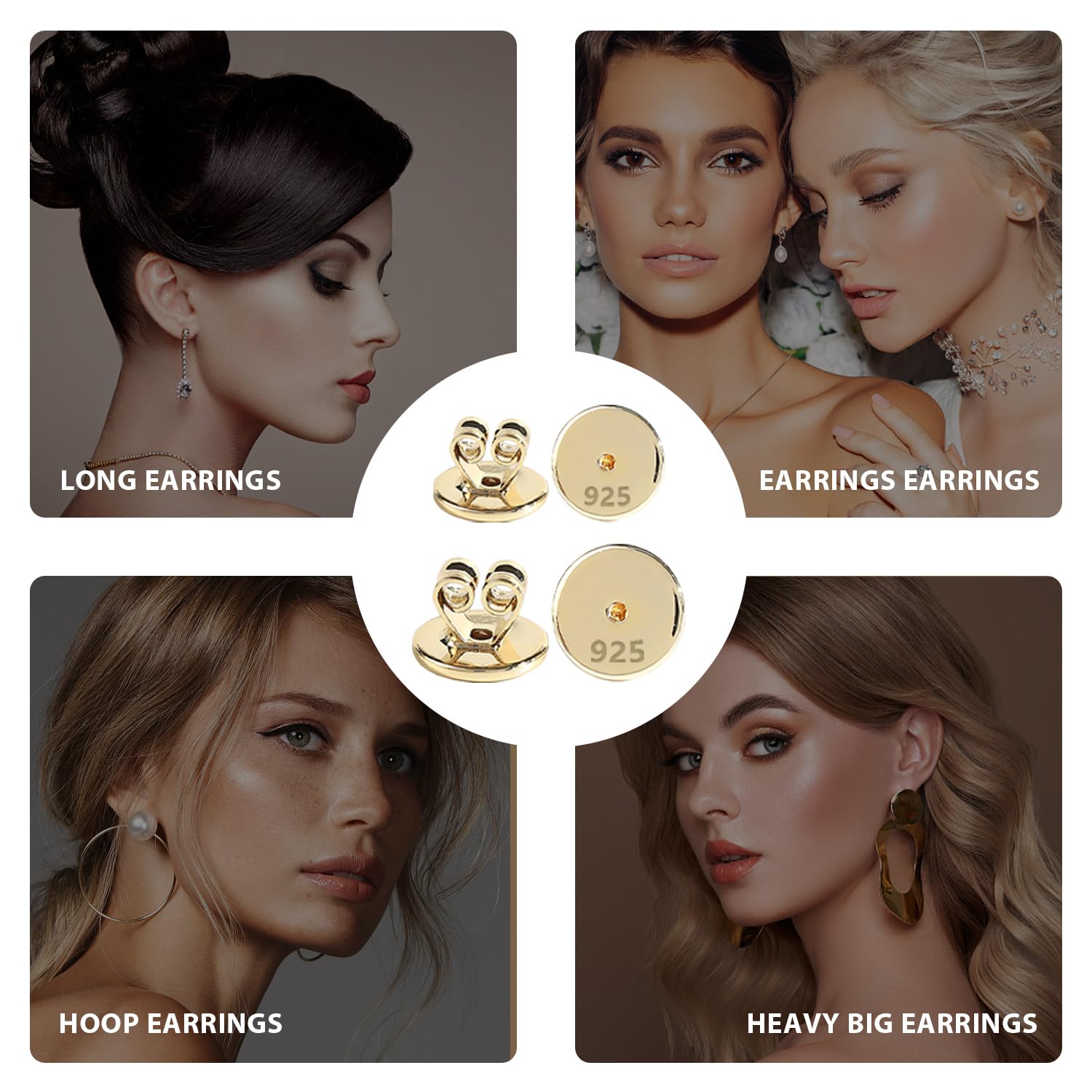 JIACHARMED Lot De 4 Fermoirs De Boucles D'oreilles Pour Oreilles Tombantes - Supports De Boucles D'oreilles Lourdes - Grand Cœur - Clous D'oreilles Plats Percés - Or 18 Carats