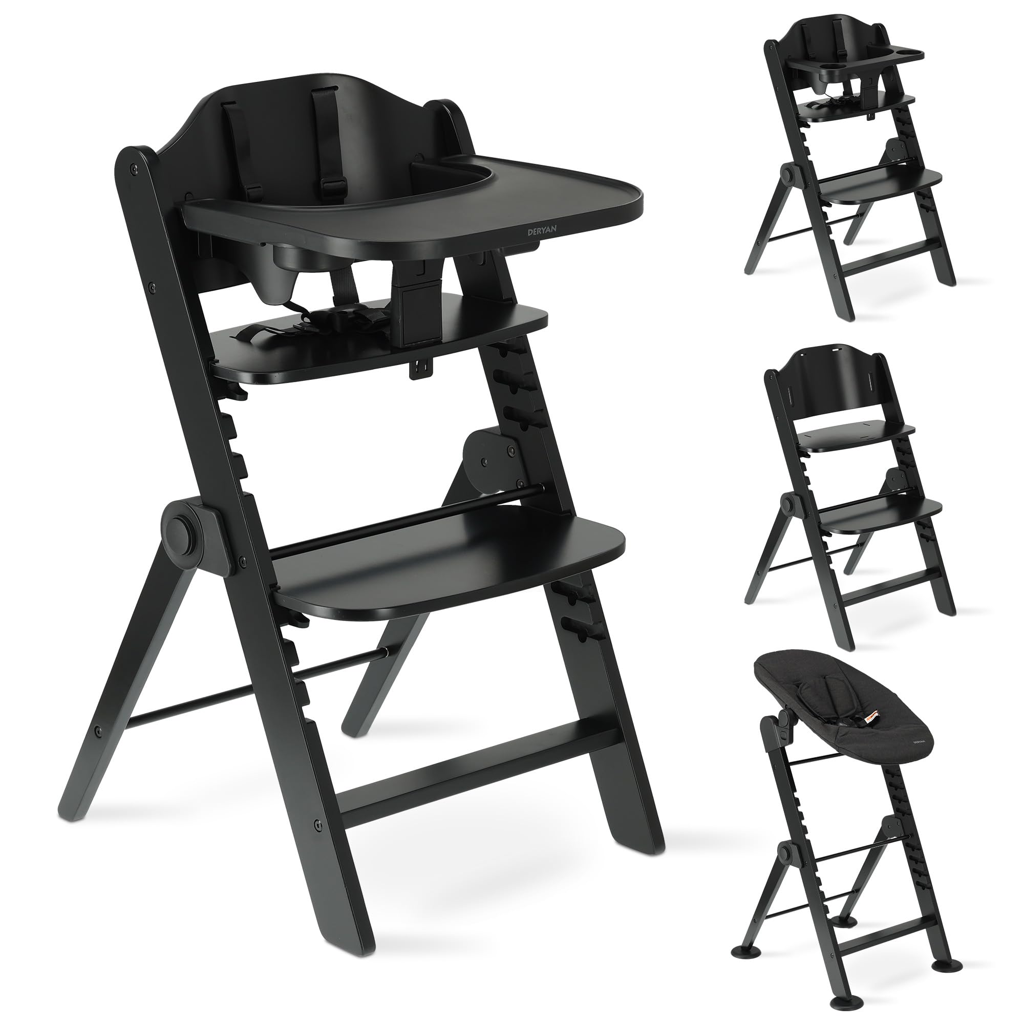 Deryan Odin Chaise Haute évolutive 3en1, Pour Bébé Ergonomique, 0 à 4 ans, Inclinable, Pliable, Avec Hauteur réglable, Repose-Pieds, Plateau Amovible, Chaise Enfant Pliable dès la Naissance, Noir